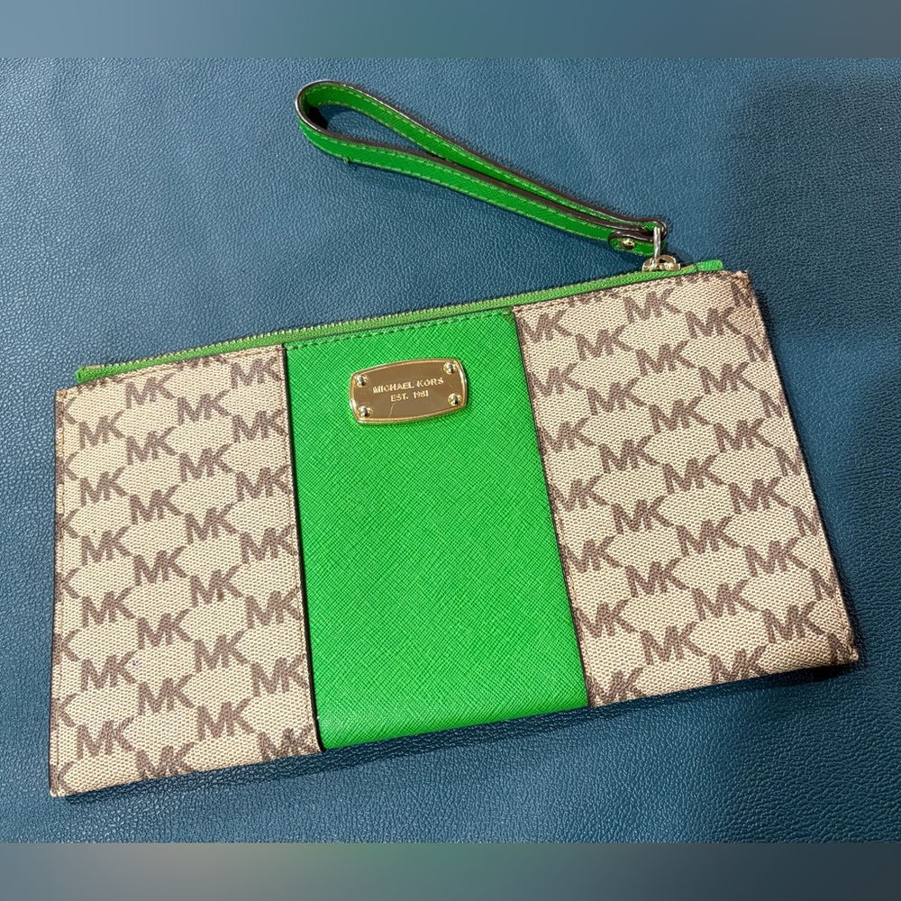 Michael Kors Vibrant Green and Tan Wristlet